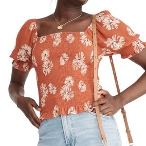 Madewell Georgette Lucie Puff-Sleeve Smocked Bodice Top in Moody Blooms — Size L